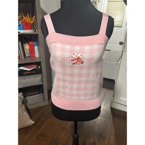 Strawberry Shortcake Pink Gingham Knit Tank Top Women's Size Medium y2k vibes